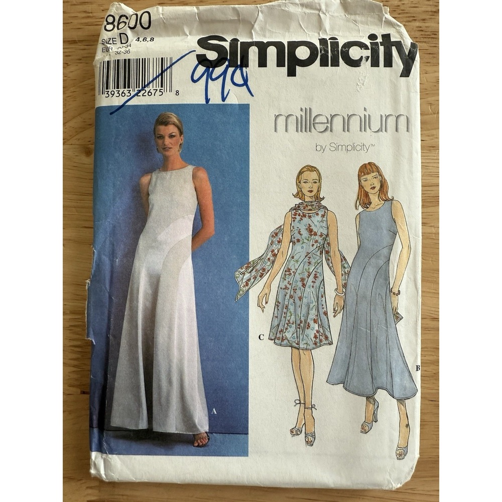 Simplicity Pattern 8600 Misses' Millennium Dress & Scarf Size 4 6 8 Uncut FF